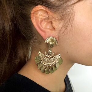 Vintage Brass Etched Gold Coin Dangle Clip Pn Earrings